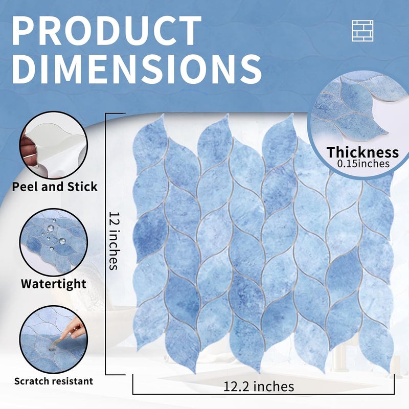 Tilingview 10-Sheet Peel and Stick Backsplash Tile for Kitchen, Self-Adhesive Mosaic Glossy Leaf Stick on Wall Tile with Gaps (Sky Blue) - Image 5